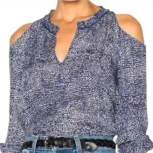 DEREK LAM 10 CROSBY Top Size 6 Blue White Mosaic Cold Shoulder V-Neck Silk